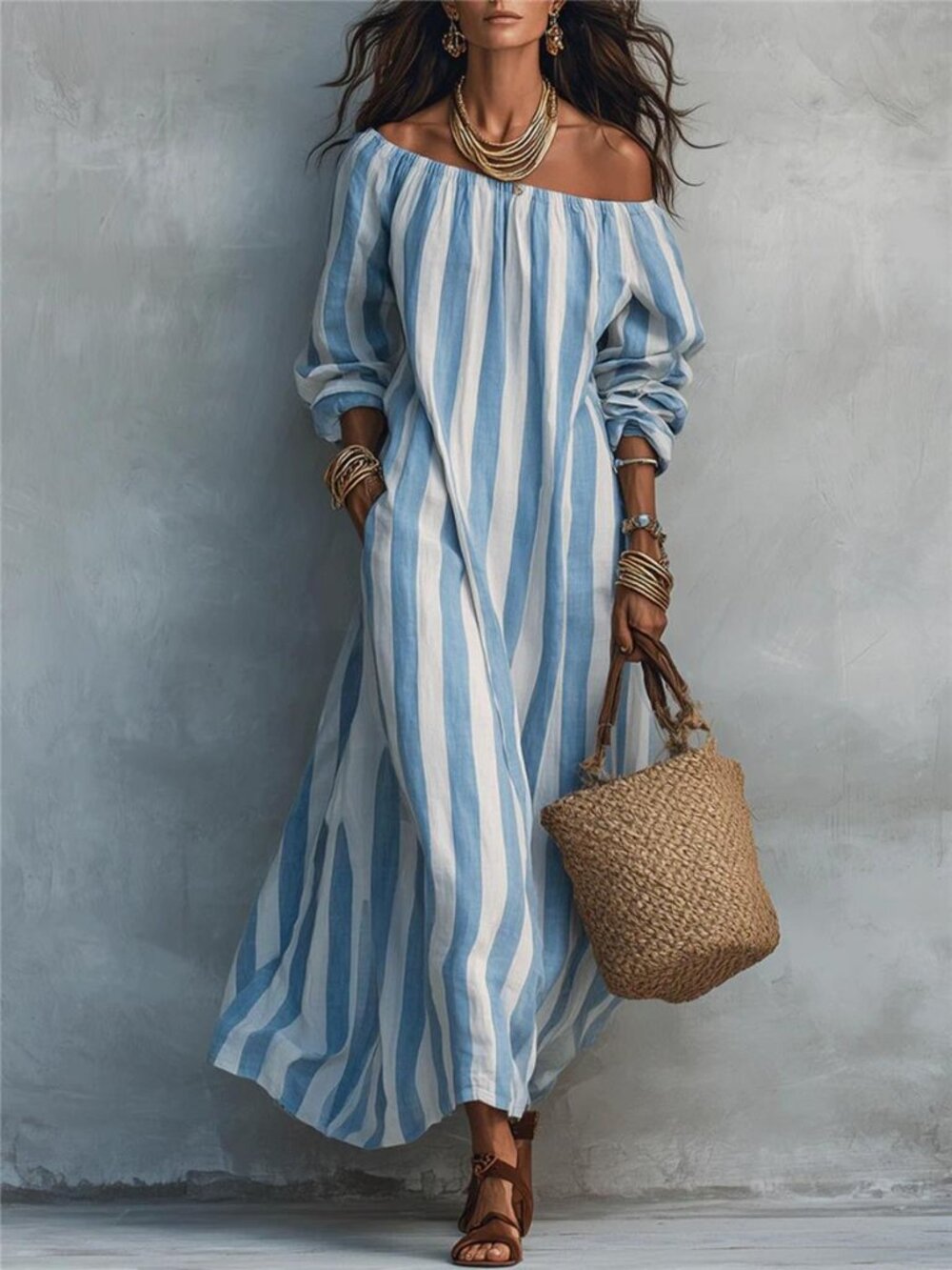 Off-Shoulder Striped Maxi Dress